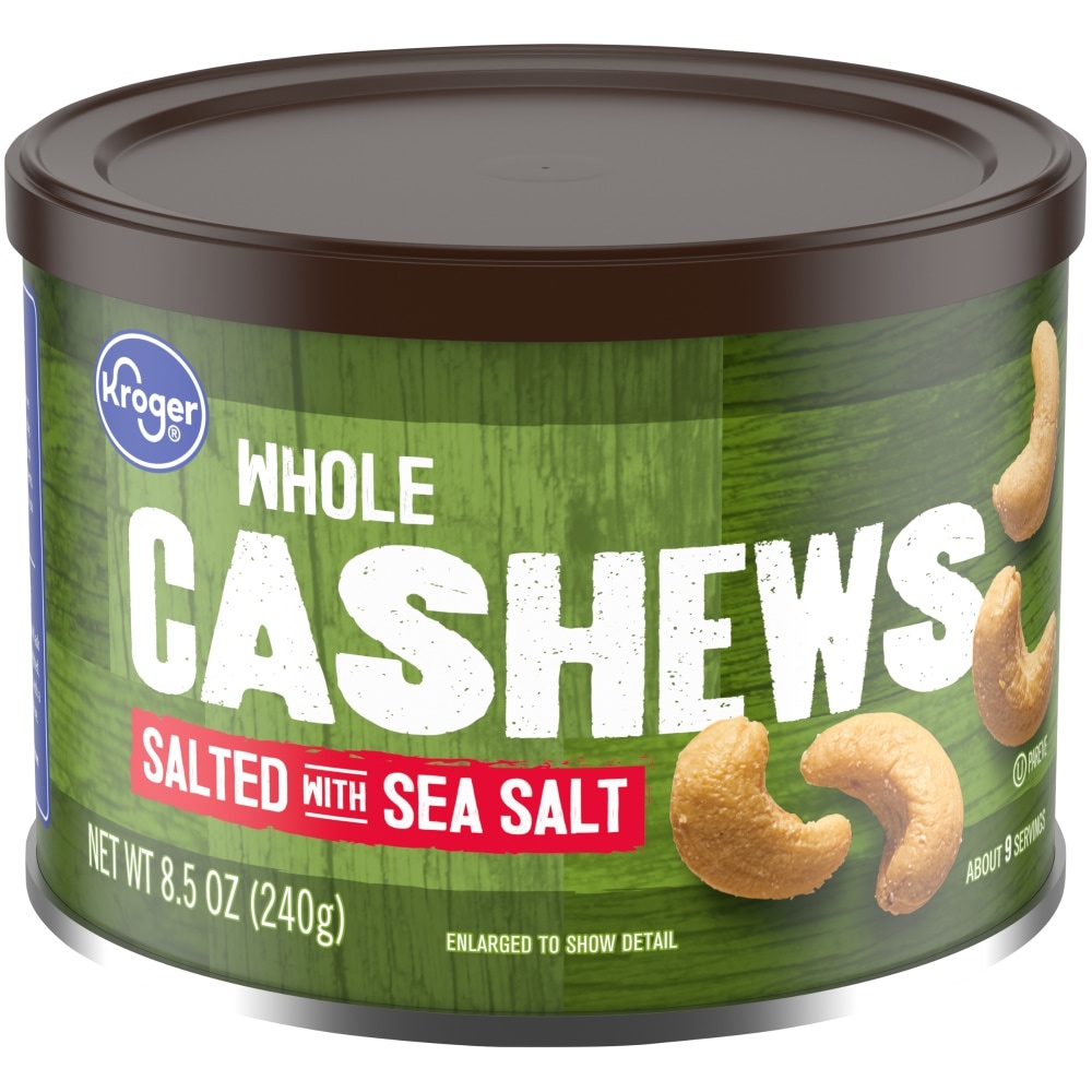 slide 1 of 1, Kroger Whole Salted With Sea Salt Cashews, 8.5 oz