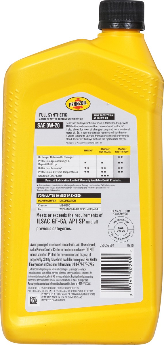slide 3 of 9, Pennzoil Full Synthetic SAE 0W-20 Motor Oil 1 qt, 1 qt