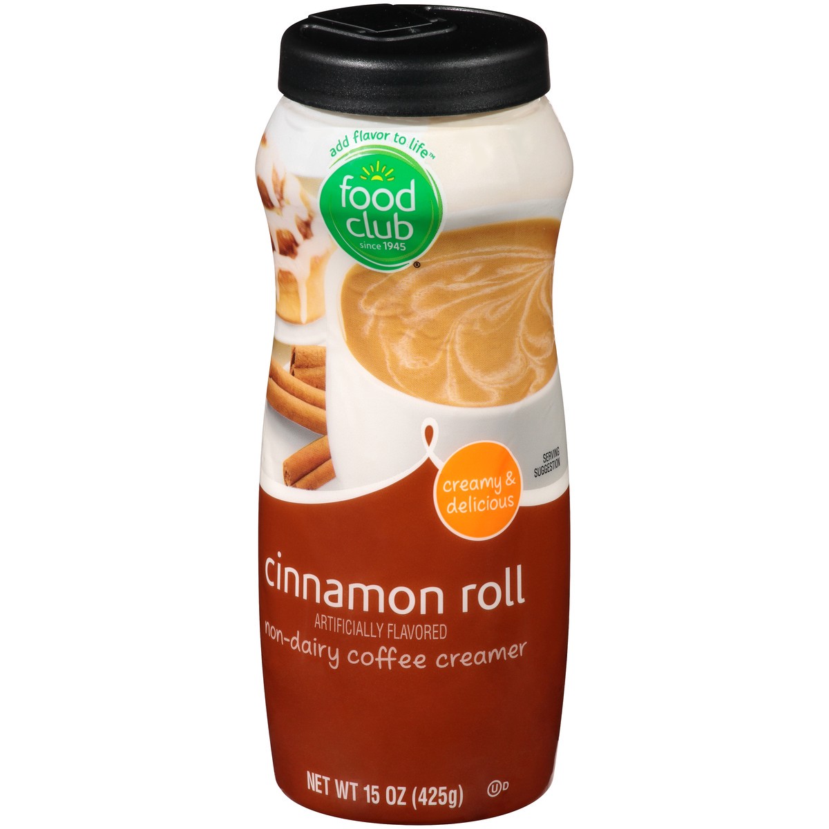 slide 13 of 13, Food Club Cinnamon Roll Non-Dairy Coffee Creamer, 15 oz