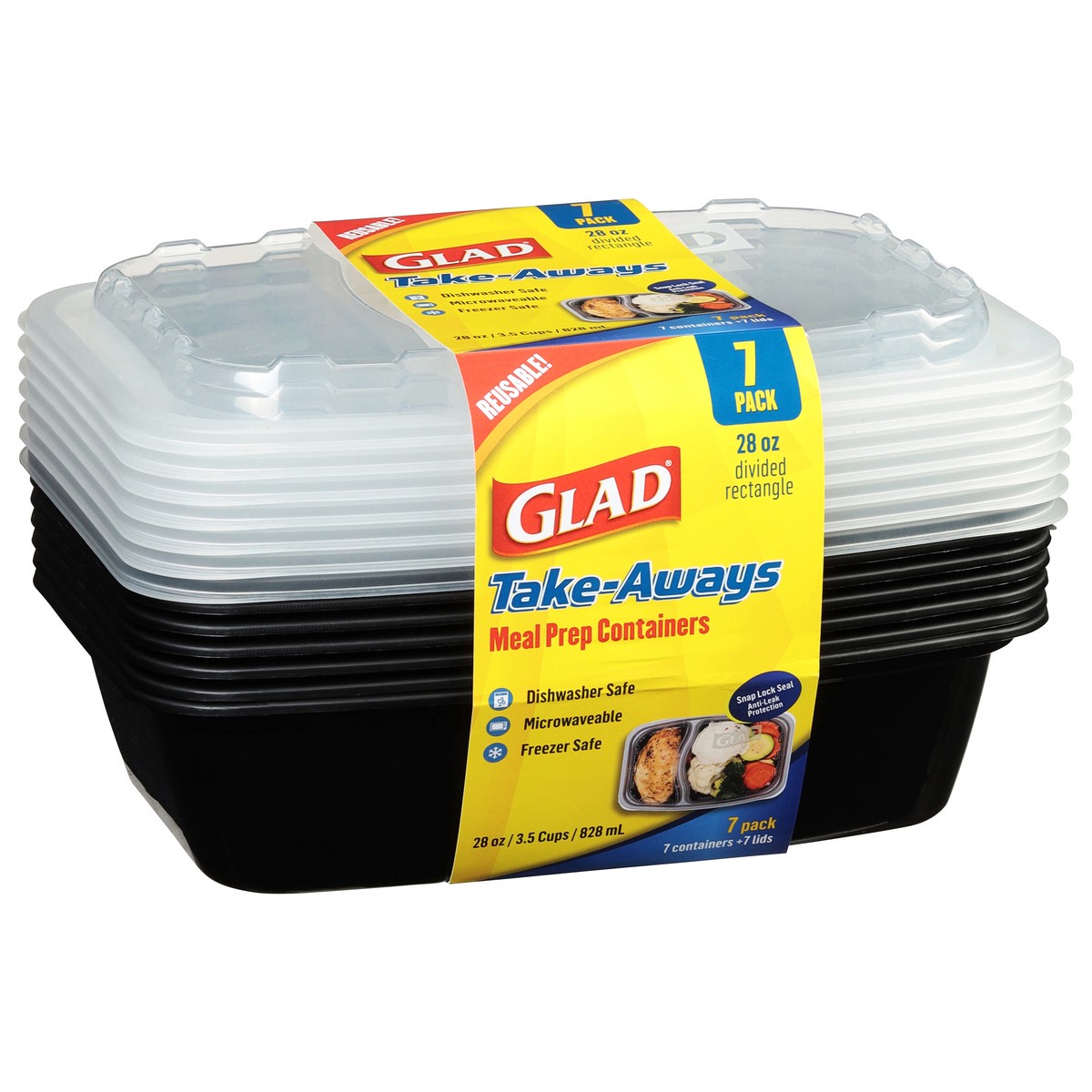 slide 5 of 10, Glad Take-Aways 28 Ounce Divided Rectangle Meal Prep Containers 7 Pack, 1 ct