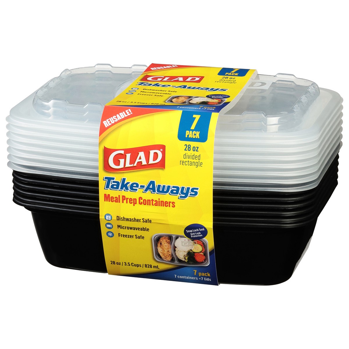 slide 8 of 10, Glad Take-Aways 28 Ounce Divided Rectangle Meal Prep Containers 7 Pack, 1 ct