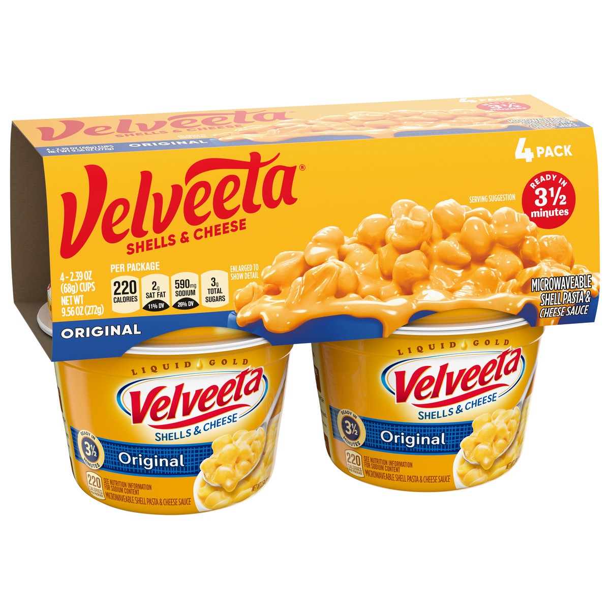 slide 5 of 9, Velveeta Shells & Cheese Original Microwaveable Shell Pasta & Cheese Sauce, 4 ct Pack, 2.39 oz Cups, 4 ct