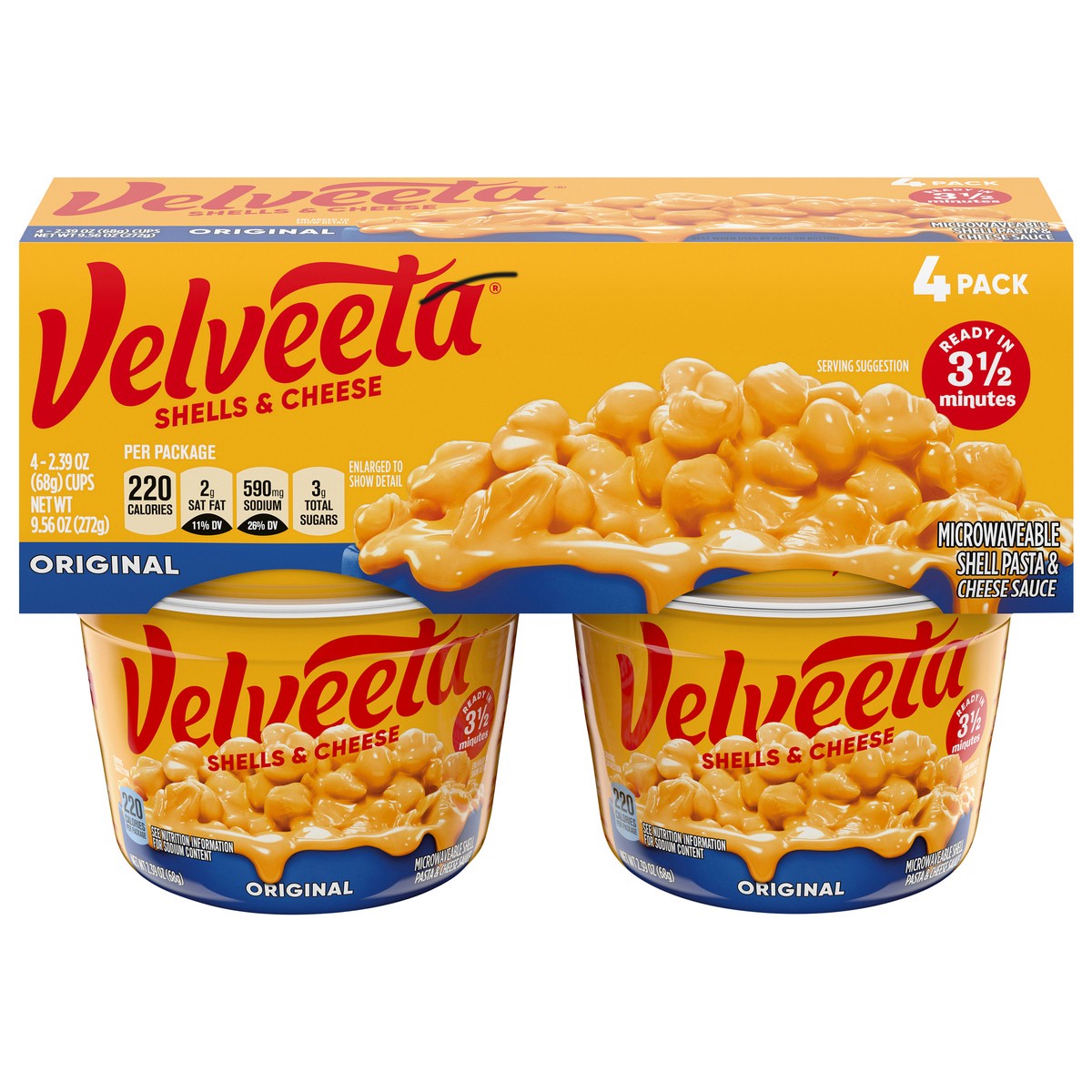slide 1 of 9, Velveeta Shells & Cheese Original Microwavable Shell Pasta & Cheese Sauce, 4 ct Pack, 2.39 oz Cups, 4 ct