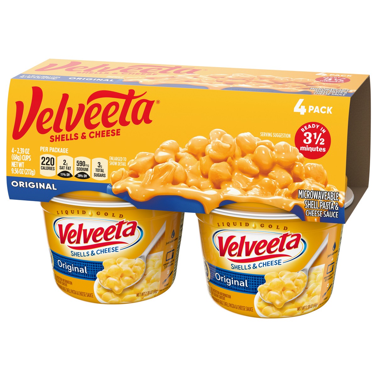 slide 9 of 9, Velveeta Shells & Cheese Original Microwaveable Shell Pasta & Cheese Sauce, 4 ct Pack, 2.39 oz Cups, 4 ct