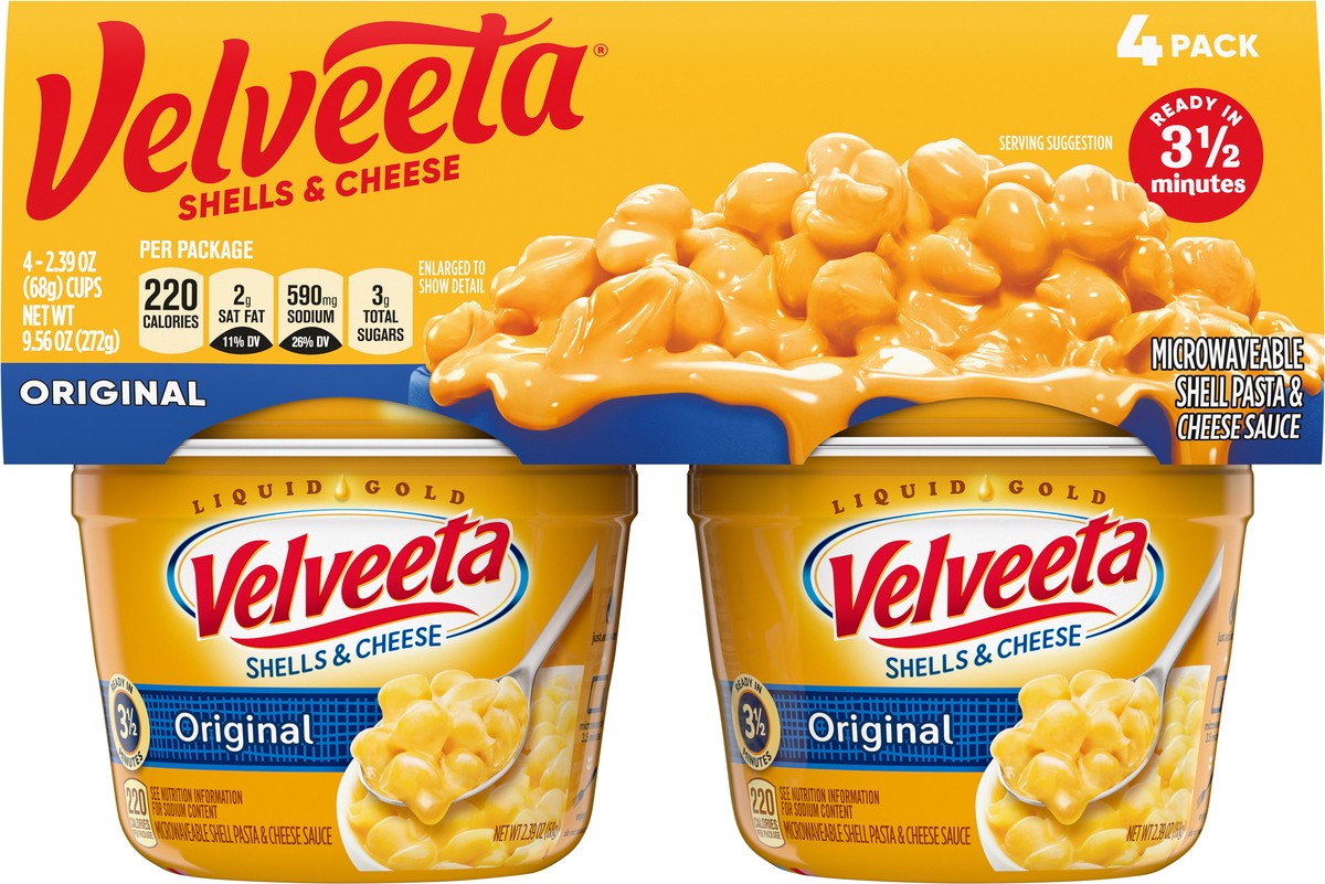 slide 7 of 9, Velveeta Shells & Cheese Original Microwaveable Shell Pasta & Cheese Sauce, 4 ct Pack, 2.39 oz Cups, 4 ct