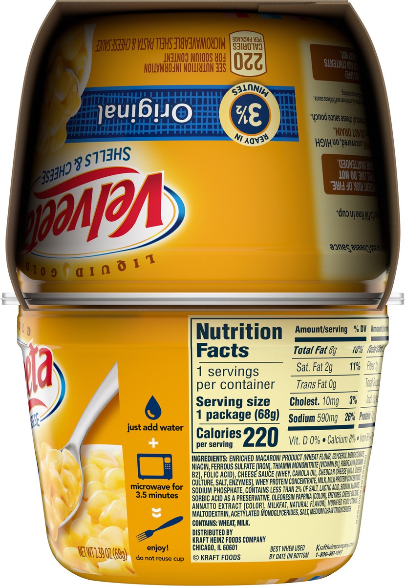 slide 6 of 9, Velveeta Shells & Cheese Original Microwaveable Shell Pasta & Cheese Sauce, 4 ct Pack, 2.39 oz Cups, 4 ct