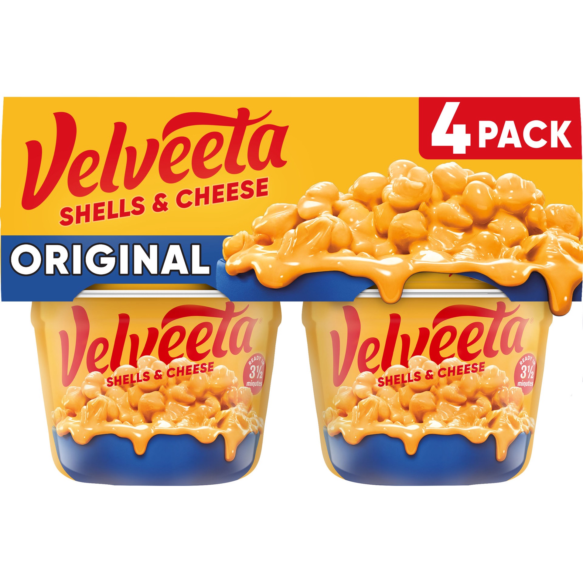 slide 1 of 9, Velveeta Shells & Cheese Original Microwaveable Shell Pasta & Cheese Sauce, 4 ct Pack, 2.39 oz Cups, 4 ct