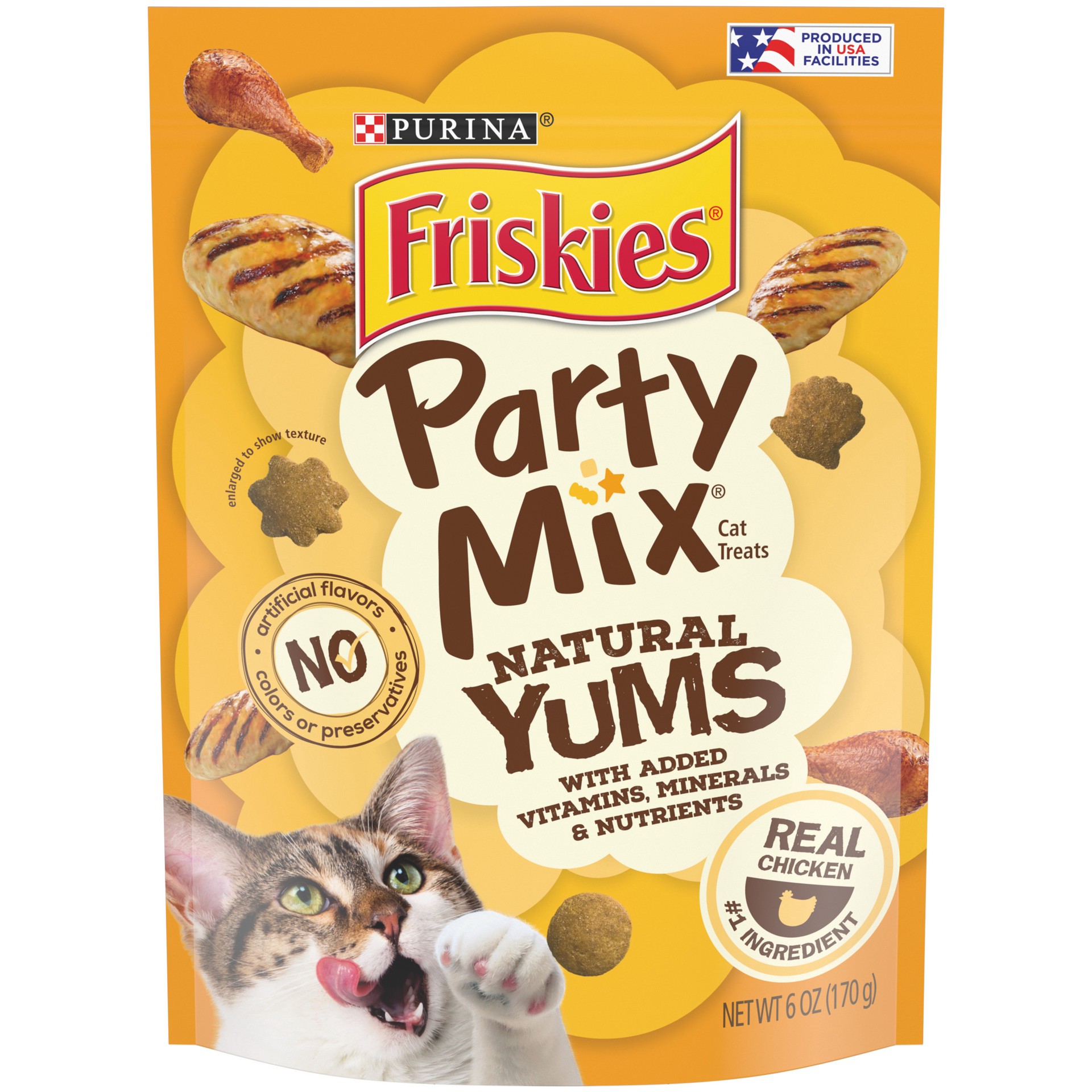 slide 1 of 7, Friskies Purina Friskies Natural Cat Treats, Party Mix Natural Yums With Real Chicken & Vitamins, Minerals & Nutrients, 6 oz