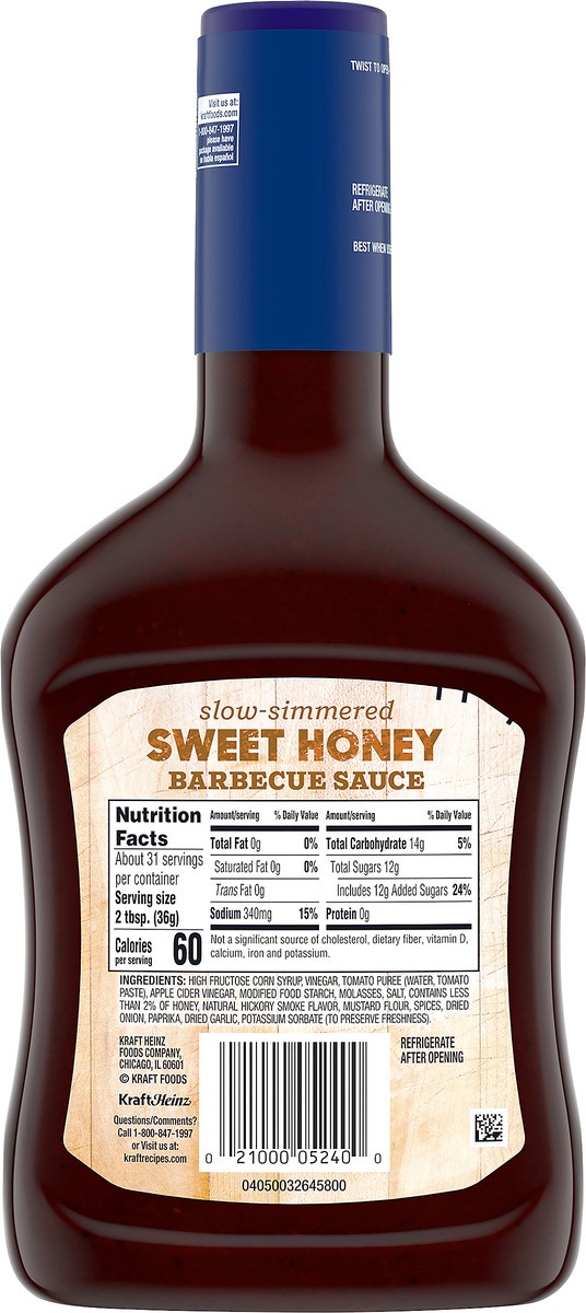 slide 13 of 14, Kraft Sweet Honey Slow-Simmered Barbecue Sauce Value Size, 40 oz Bottle, 40 oz