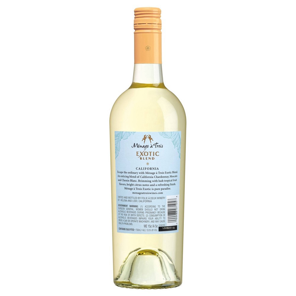 slide 2 of 4, Menage a Trois Exotic White Wine Blend, 750mL Wine Bottle, 13.5% ABV, 750 ml