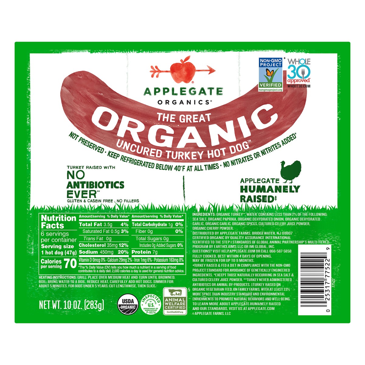 slide 1 of 8, Applegate The Great Organic Uncured Turkey Hot Dog, 10 oz