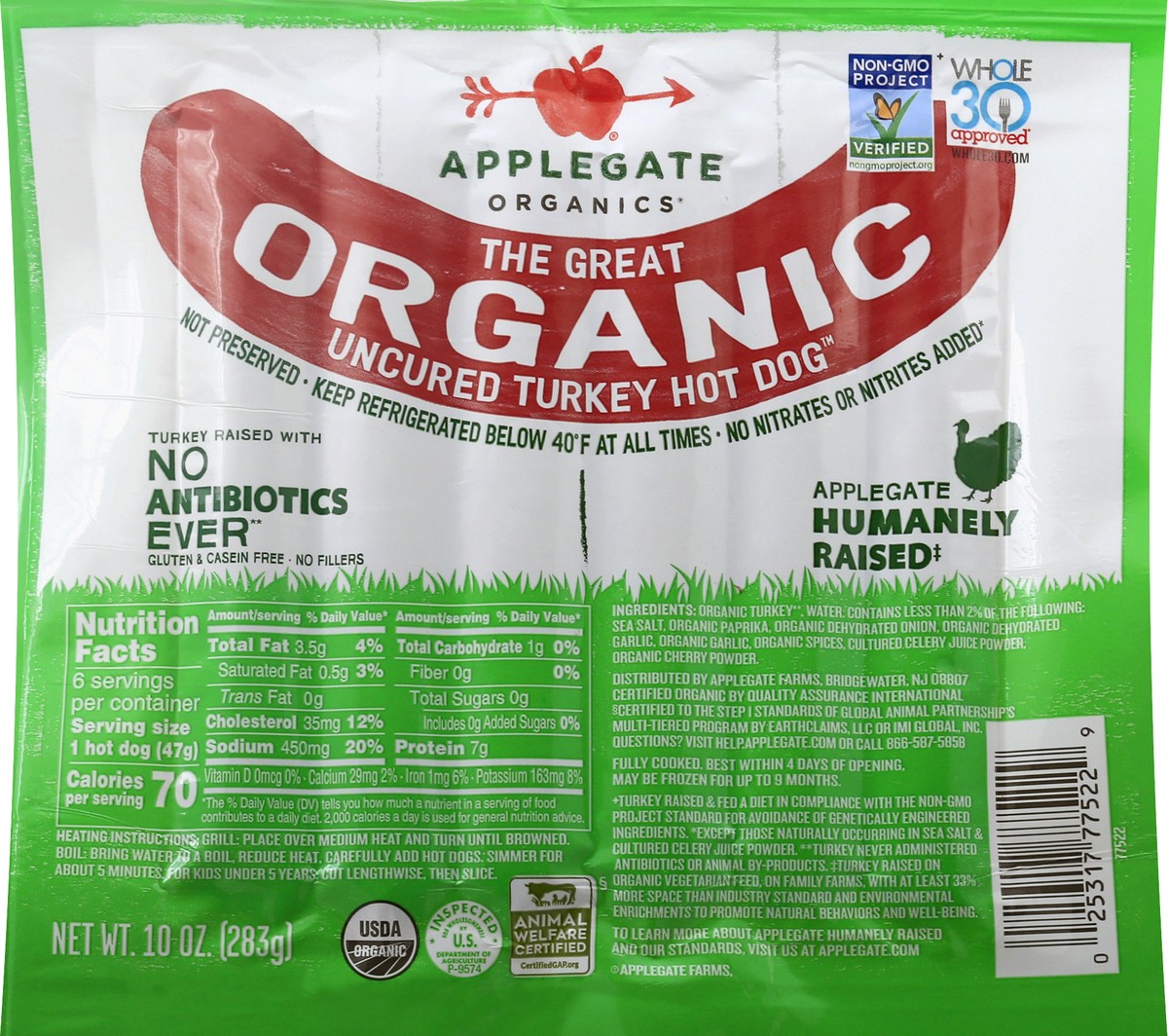 slide 5 of 8, Applegate The Great Organic Uncured Turkey Hot Dog, 10 oz