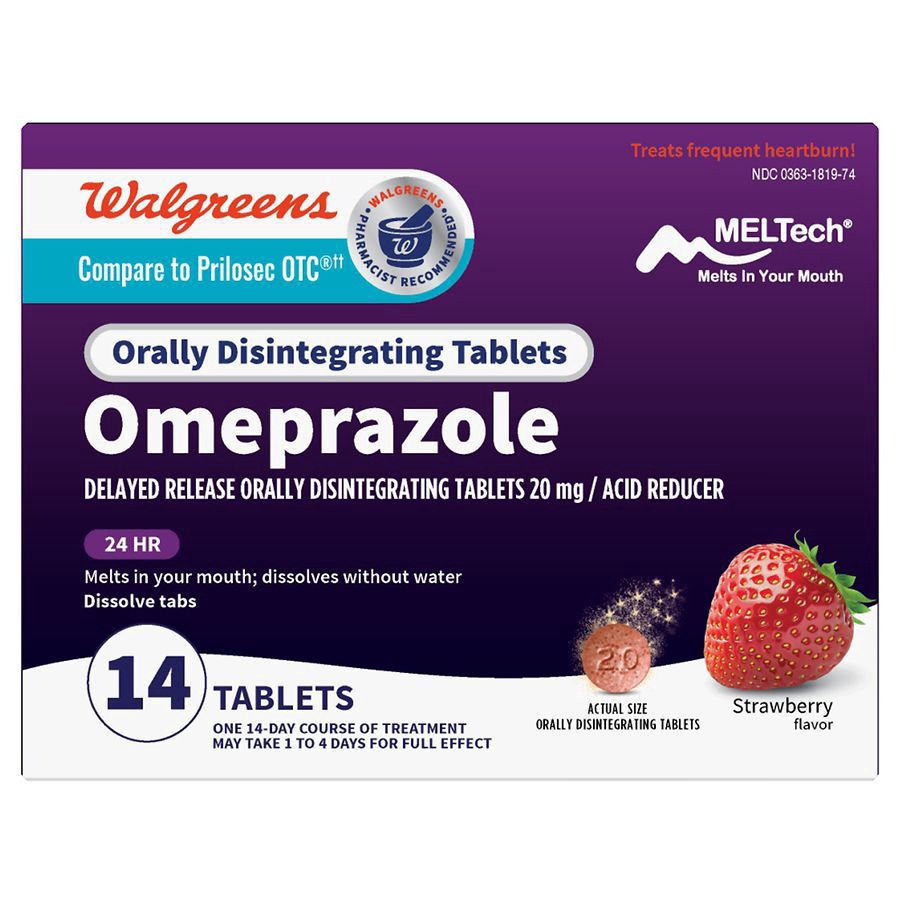 slide 1 of 5, Walgreens Omeprazole Delayed Release Orally Disintegrating Tablets 20 mg, Acid Reducer Strawberry, 14 ct