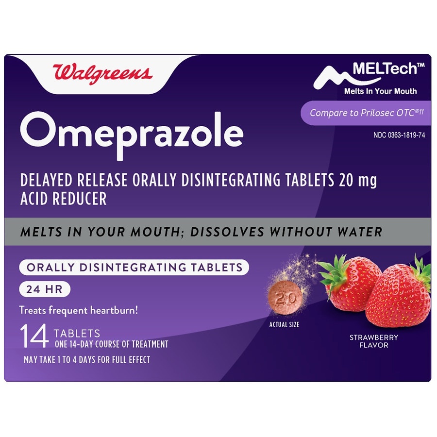 slide 1 of 1, Walgreens Omeprazole Delayed Release Orally Disintegrating Tablets 20 mg, Acid Reducer Strawberry, 14 ct