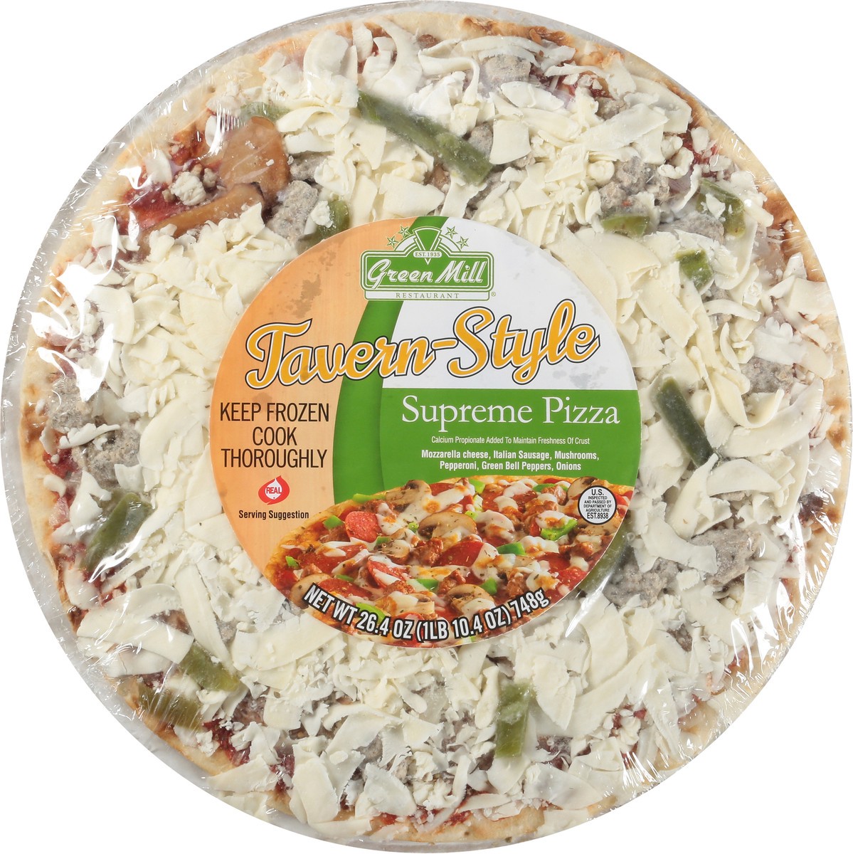 slide 3 of 13, Green Mill Restaurant Tavern-Style Supreme Pizza 26.4 oz Shrinkwrapped, 26.4 oz