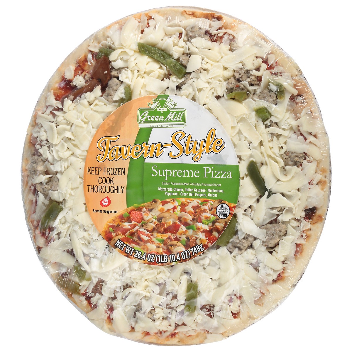 slide 13 of 13, Green Mill Restaurant Tavern-Style Supreme Pizza 26.4 oz Shrinkwrapped, 26.4 oz