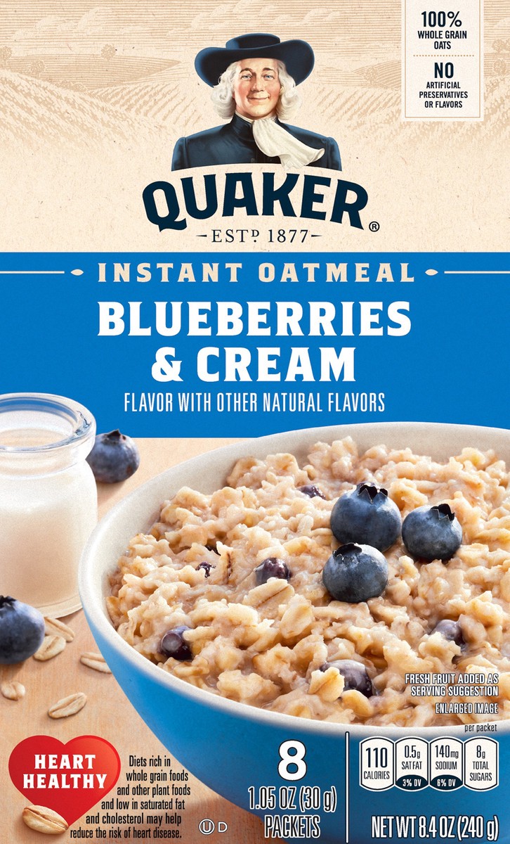 slide 1 of 8, Quaker Blueberries & Cream Instant Oatmeal 8 ea, 8 ct