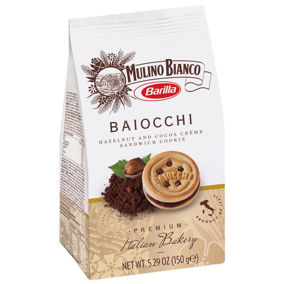 slide 2 of 8, Barilla Mulino Bianco Baiocchi Hazelnut and Cocoa Creme Sandwich Cookies, 5.29 oz