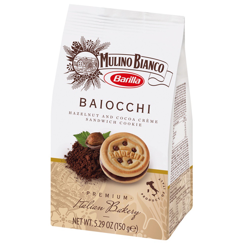 slide 3 of 8, Barilla Mulino Bianco Baiocchi Hazelnut and Cocoa Creme Sandwich Cookies, 5.29 oz