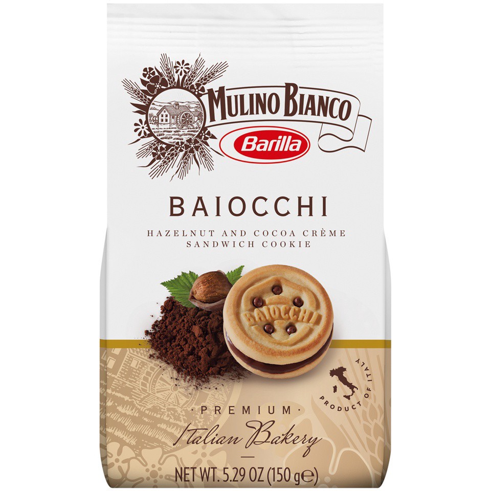 slide 1 of 8, Barilla Mulino Bianco Baiocchi Hazelnut and Cocoa Creme Sandwich Cookies, 5.29 oz