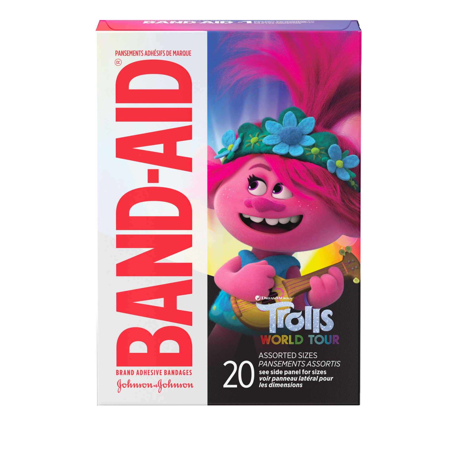 slide 1 of 9, BAND-AID Adhesive Bandages for Minor Cuts and Scrapes, DreamWorks Trolls for Kids, Assorted Sizes 20 ct, 20 ct