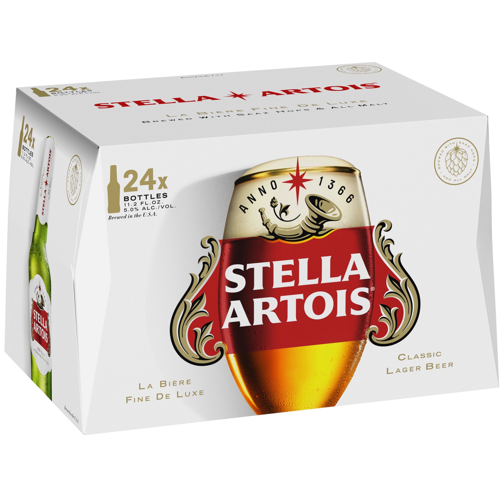 slide 1 of 9, Stella Artois Premium Lager Beer, 24 Pack, 11.2 fl oz Glass Bottles, 5% ABV, 24 ct; 11 oz