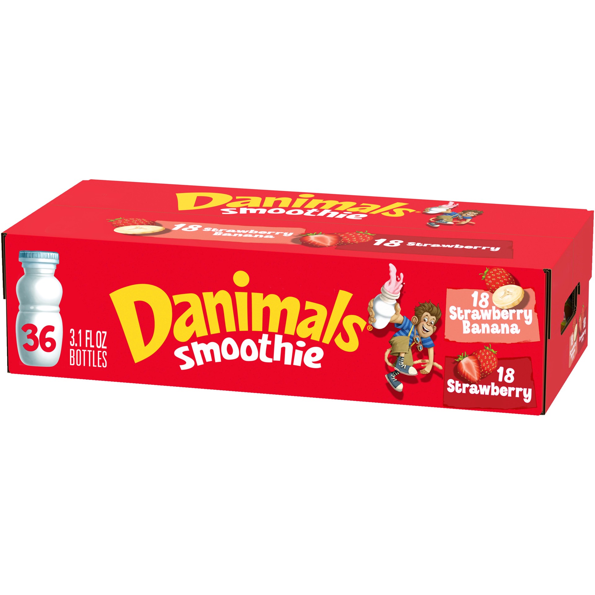 slide 1 of 7, Danimals Smoothies, Strawberry Explosion & Swingin' Strawberry Banana, Gluten-Free, Non-GMO Project Verified, 3.1 oz., 36 Pack, 3.10 fl oz