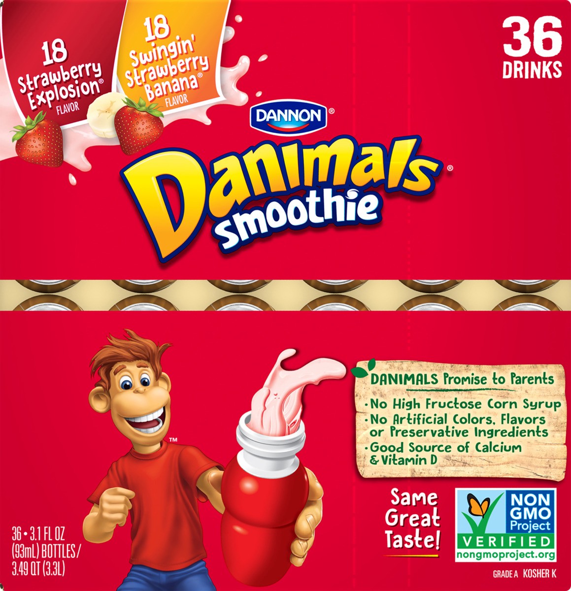 slide 3 of 7, Danimals Smoothies, Strawberry Explosion & Swingin' Strawberry Banana, Gluten-Free, Non-GMO Project Verified, 3.1 oz., 36 Pack, 3.10 fl. oz
