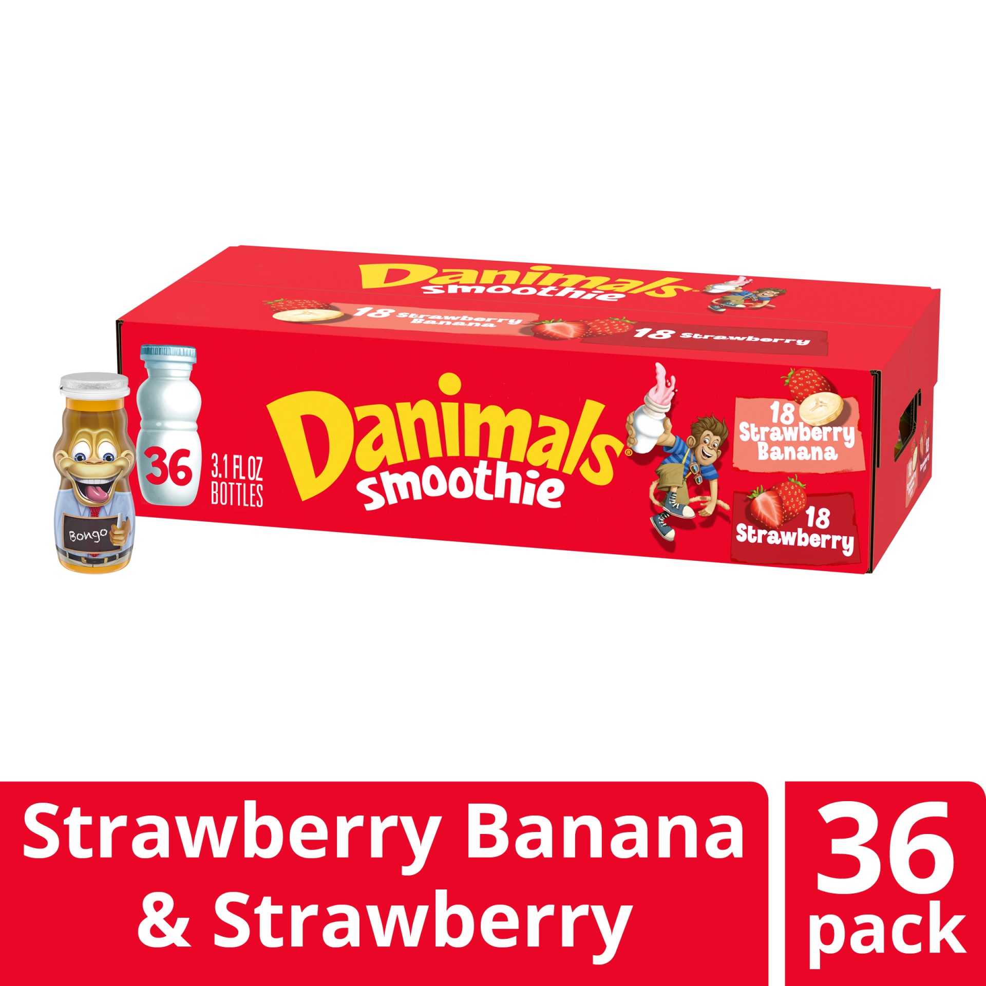 slide 1 of 7, Danimals Strawberry Explosion & Swingin’ Strawberry Banana Variety Pack Smoothies Bottles, 3.1 fl oz