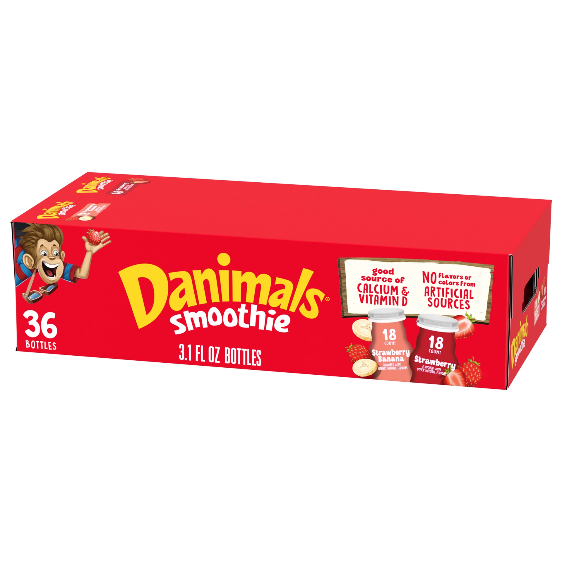 slide 1 of 7, Danimals Smoothies, Strawberry Explosion & Swingin'' Strawberry Banana, Gluten-Free, Non-GMO Project Verified, 3.1 oz., 36 Pack, 3.10 fl oz