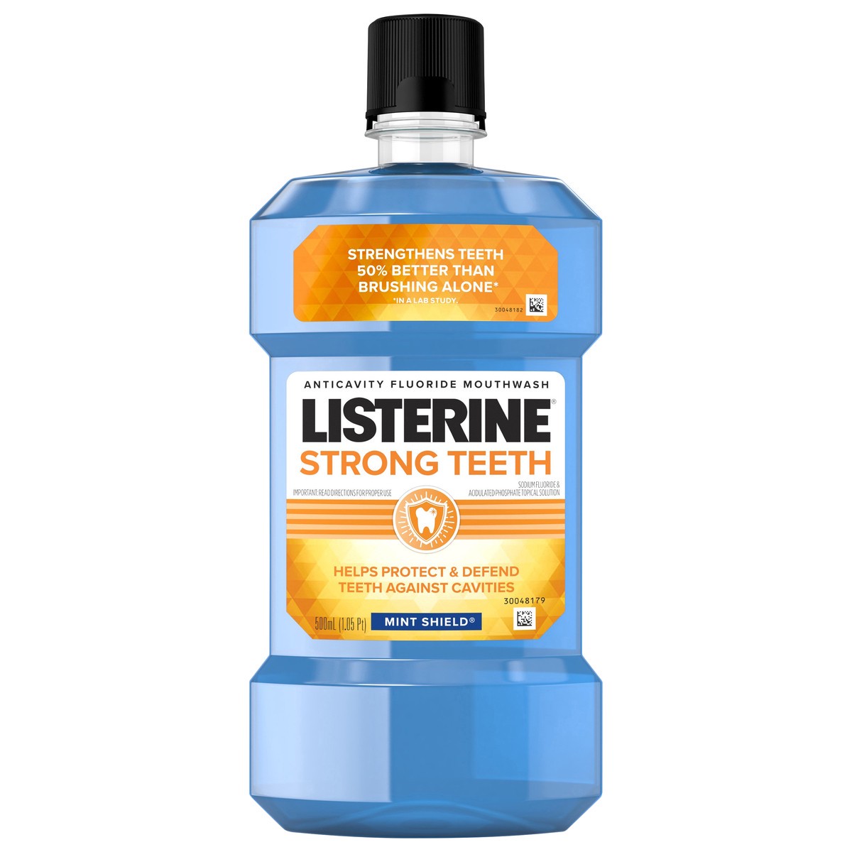 slide 1 of 9, Listerine Strong Teeth Anticavity Fluoride Mouthwash with Sodium Fluoride, Teeth Strengthening Mouthwash to Help Prevent Dental Cavities & Freshen Bad Breath, Mint Shield Flavor, 500 mL, 500 ml