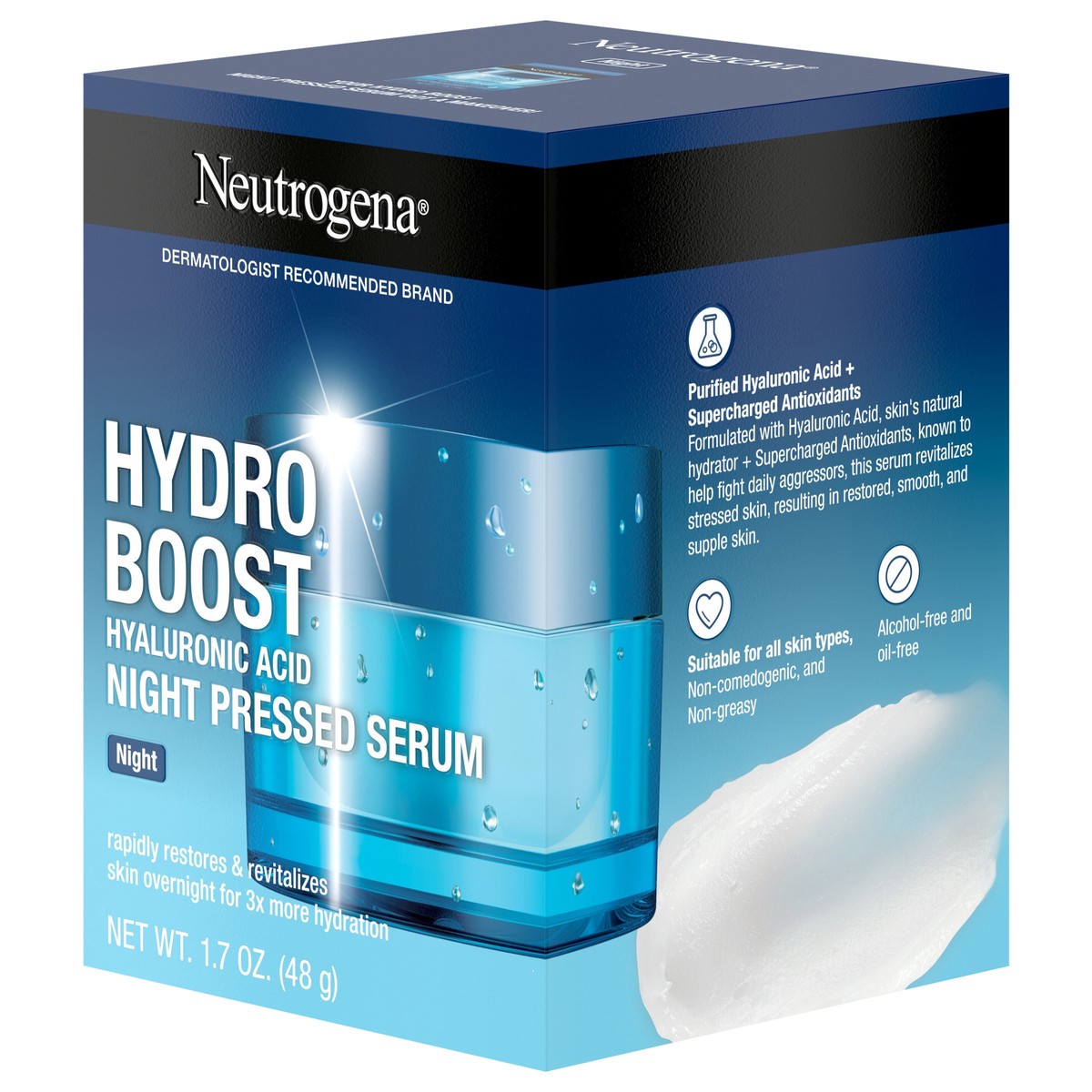 slide 5 of 13, Neutrogena Hydro Boost Night Pressed Serum, Hyaluronic Acid Facial Moisturizer for Normal to Extra Dry Skin, Delivers Overnight Hydration for Restored, Revitalized, Dewy Skin, 1.7 oz, 1.7 oz