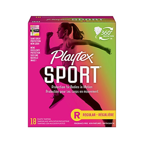 slide 1 of 1, Playtex Sport Plastic Tampons Flexfit Unscented Regular Absorbency, 18 ct