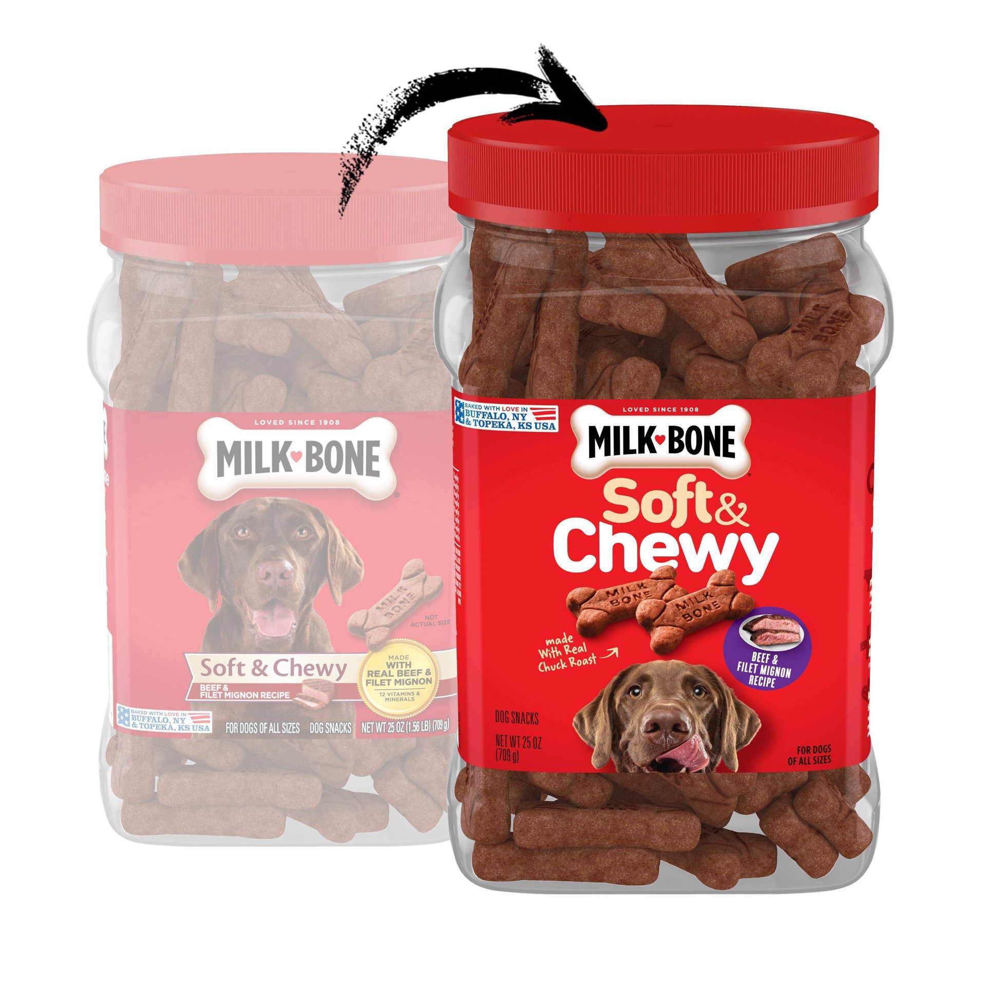 slide 4 of 9, Milk-Bone Soft and Chewy Dog Treats, Beef & Filet Mignon Recipe With Chuck Roast, 25oz Container, 25 oz