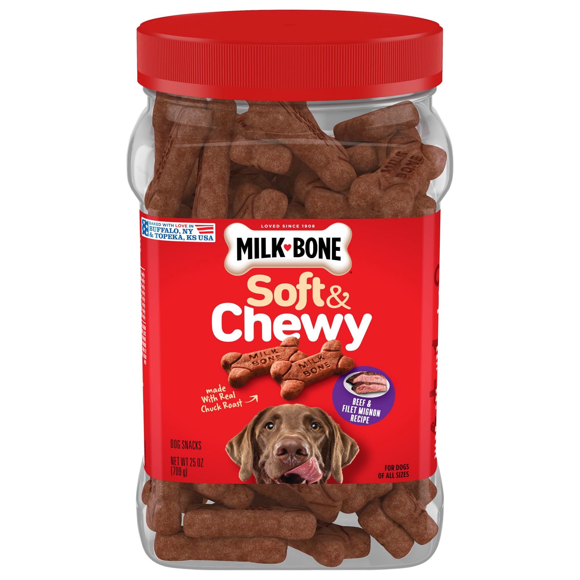 slide 1 of 9, Milk-Bone Soft and Chewy Dog Treats, Beef & Filet Mignon Recipe With Chuck Roast, 25oz Container, 25 oz