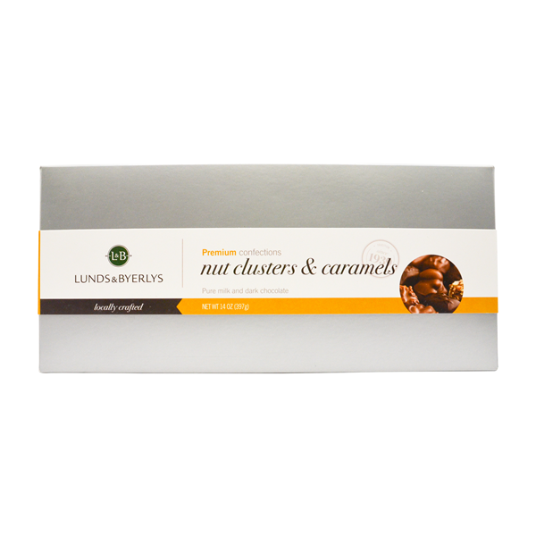 slide 1 of 1, L&B Nut Clusters & Caramels Milk And Dark Chocolate, 14 oz