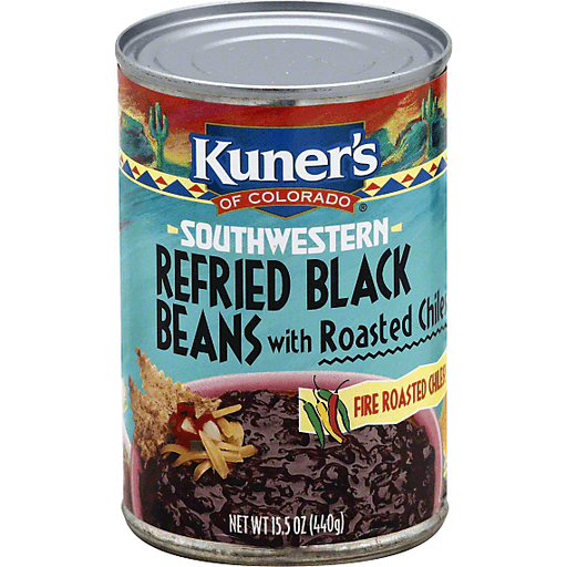 slide 1 of 1, Kuner's Southwestern Black Beans, Refried, with Roasted Chiles, 15 oz