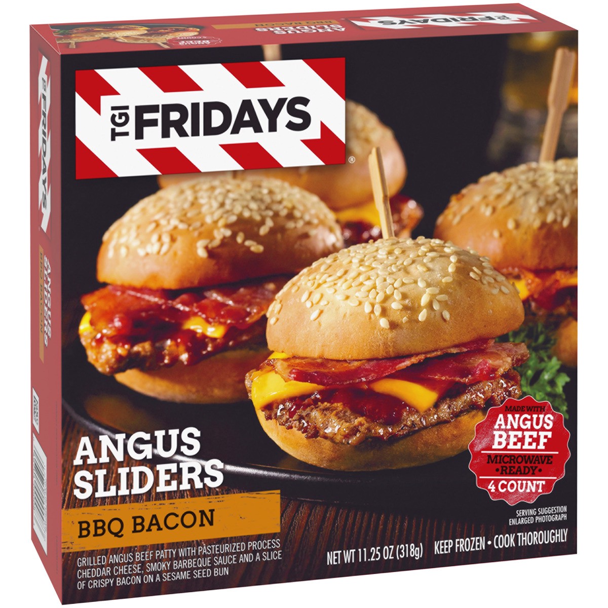 slide 8 of 8, T.G.I. Fridays TGI Fridays BBQ Bacon Angus Cheeseburger Sliders Frozen Snacks, 4 ct Box, 4 ct