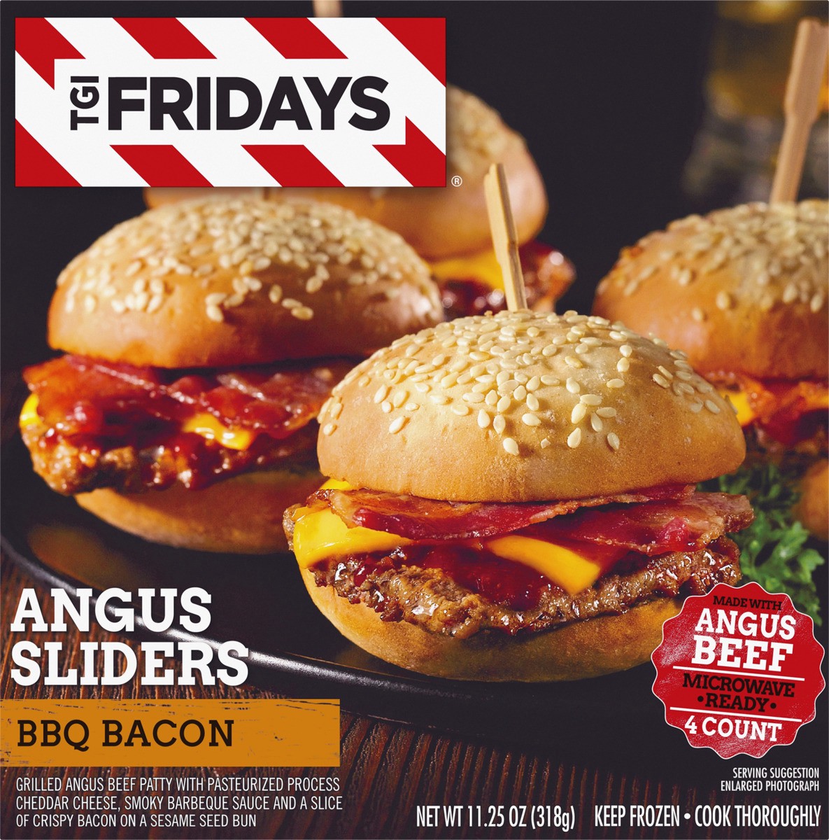 slide 6 of 8, T.G.I. Fridays TGI Fridays BBQ Bacon Angus Cheeseburger Sliders Frozen Snacks, 4 ct Box, 4 ct