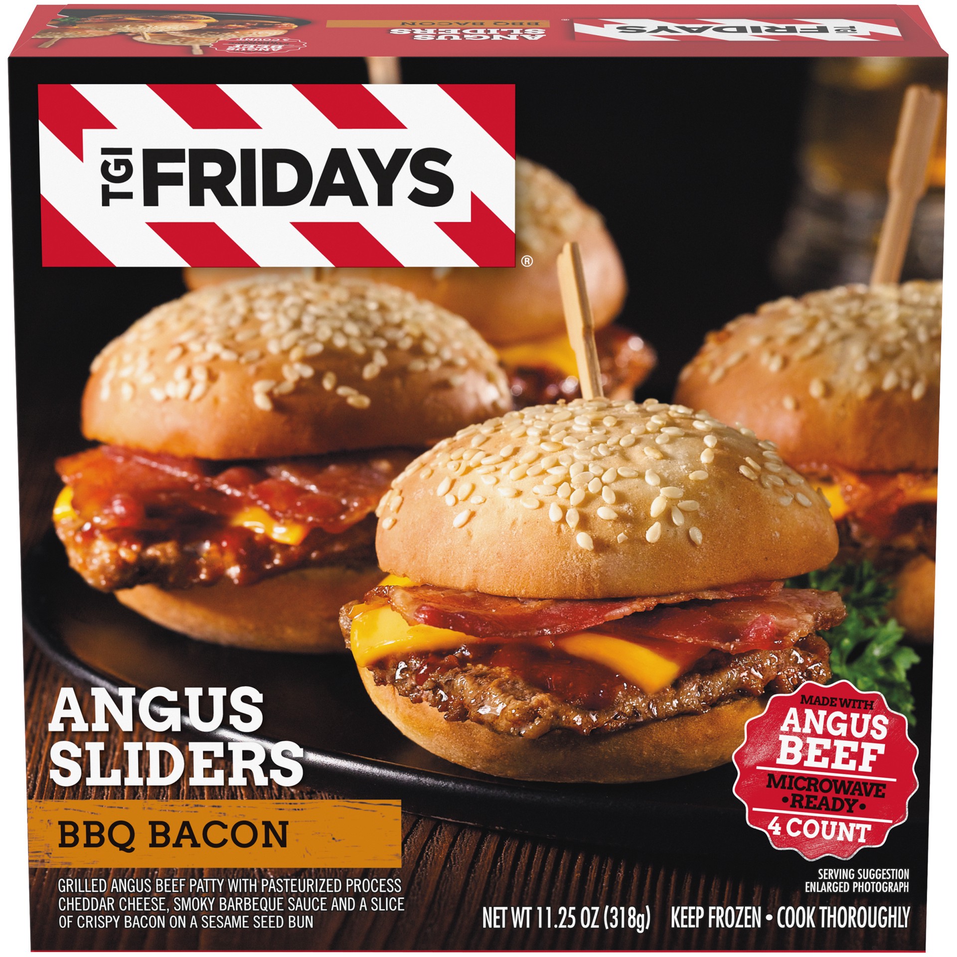 slide 1 of 8, T.G.I. Fridays TGI Fridays BBQ Bacon Angus Cheeseburger Sliders Frozen Snacks, 4 ct Box, 4 ct
