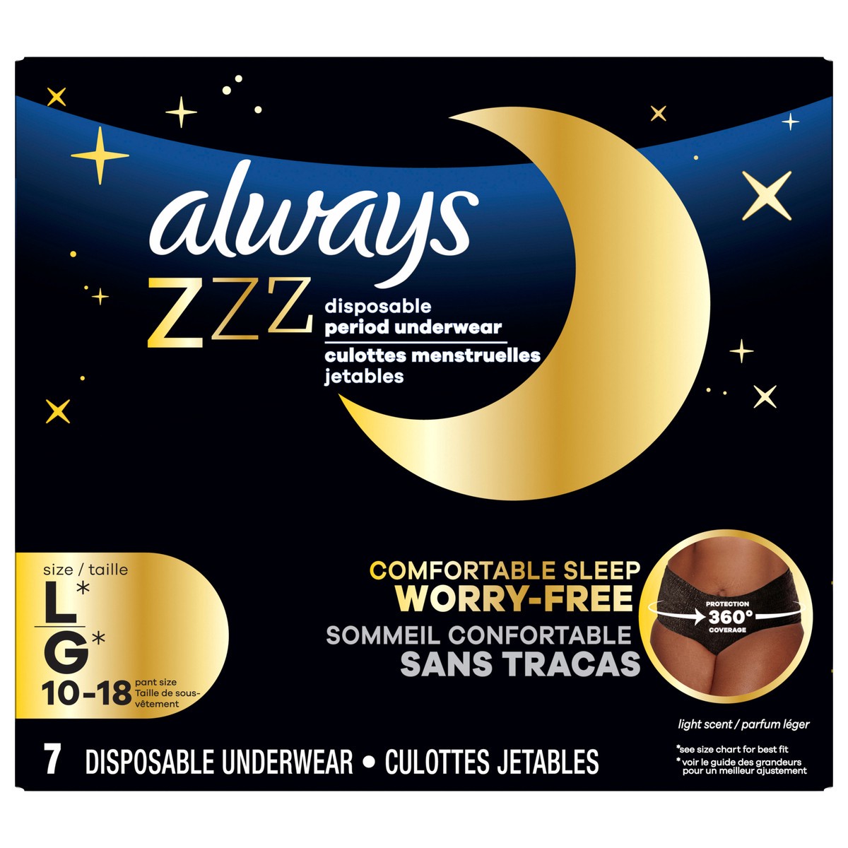 slide 1 of 5, Always ZZZ Overnight Disposable Period Underwear for Women Sz L, 360° Coverage for Worry-Free Nights, 7 Count, 7 ct