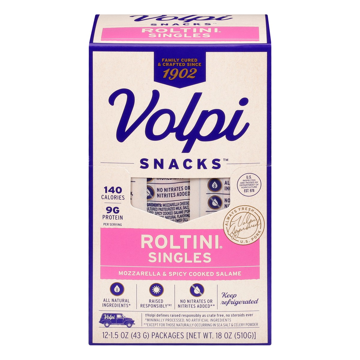 slide 1 of 10, Volpi Snacks Singles Mozzarella and Spicy Cooked Salame Roltini 12 ea, 12 ct