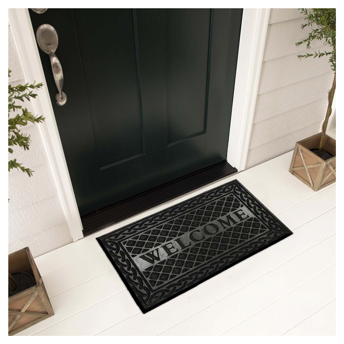 slide 1 of 9, Mohawk Welcome Faux Grass Scraper Black Mat, 18" X 30", 18 in