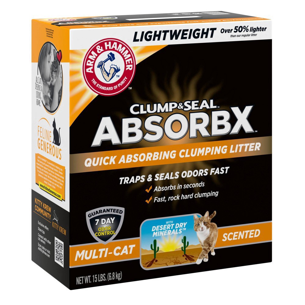 slide 2 of 6, Arm & Hammer Clump & Seal AbsorbX Clumping Cat Litter, MultiCat Scented 15lb, 15 lb