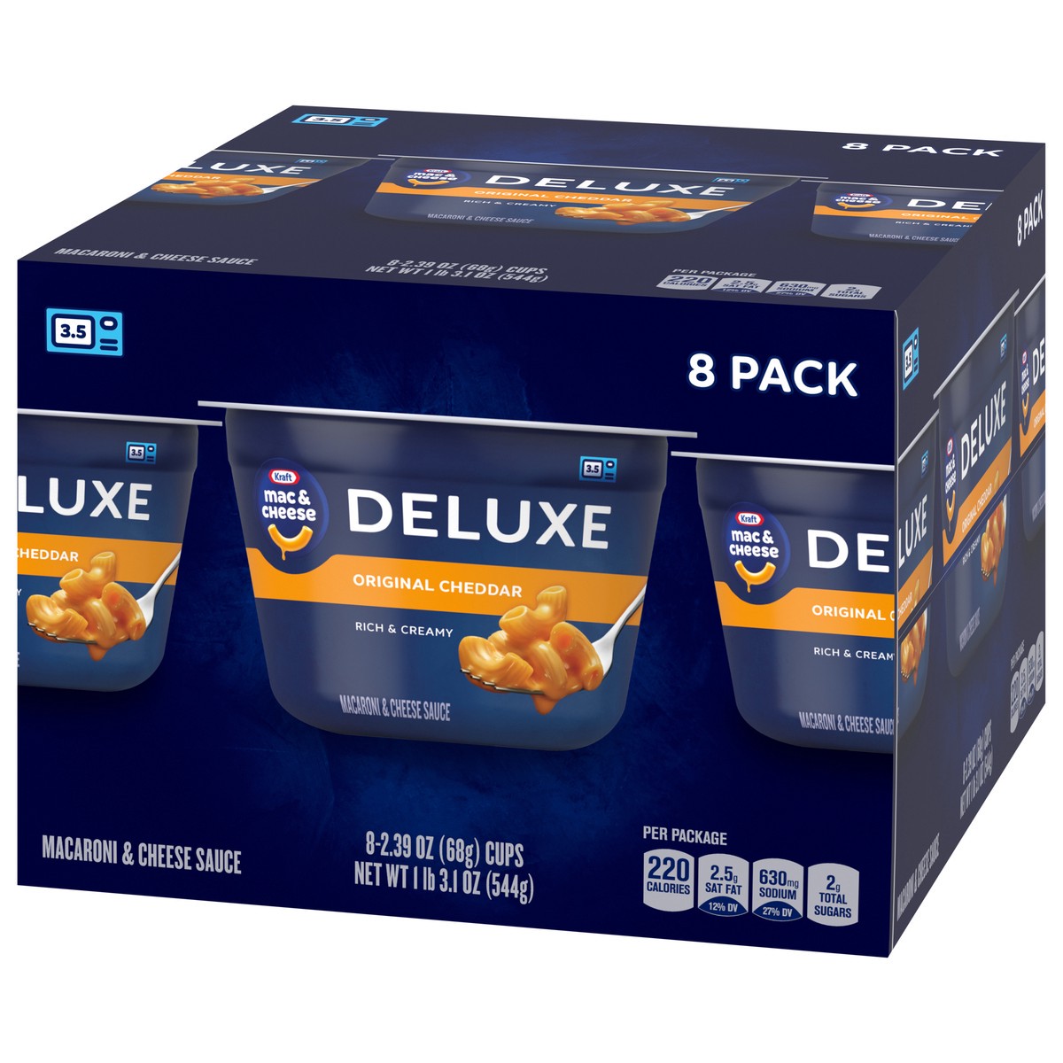 slide 7 of 13, Kraft Deluxe Original Mac & Cheese Macaroni and Cheese Dinner Microwavable Dinner, 8 ct Box, 2.39 oz Cups, 8 ct