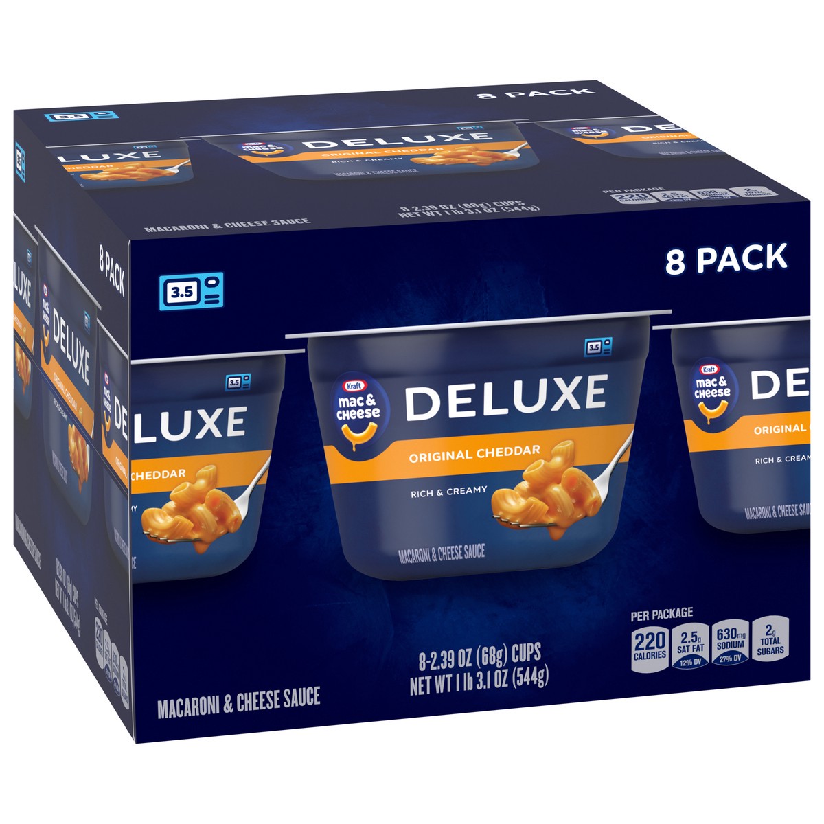 slide 10 of 13, Kraft Deluxe Original Mac & Cheese Macaroni and Cheese Dinner Microwavable Dinner, 8 ct Box, 2.39 oz Cups, 8 ct