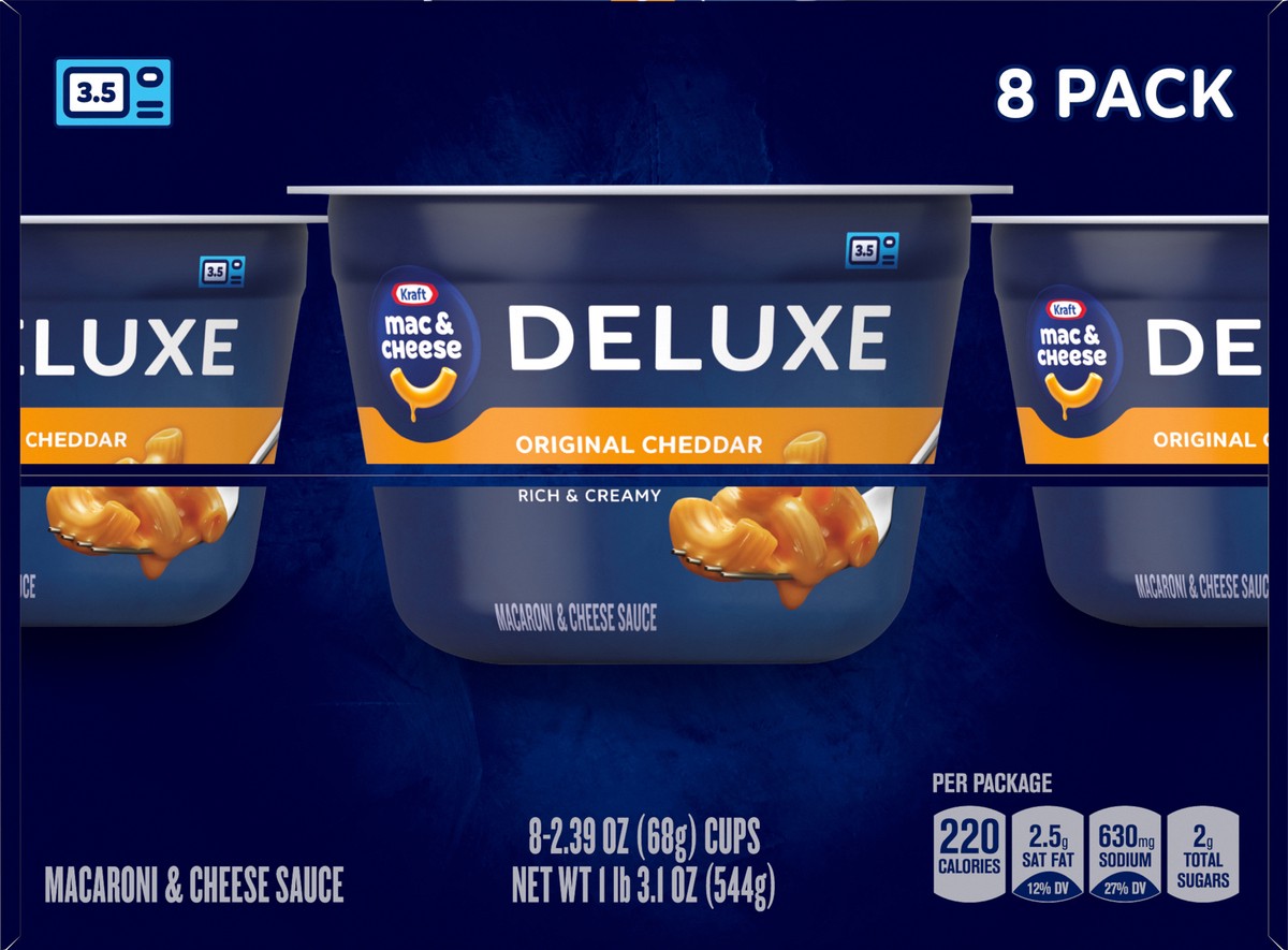 slide 2 of 13, Kraft Deluxe Original Mac & Cheese Macaroni and Cheese Dinner Microwavable Dinner, 8 ct Box, 2.39 oz Cups, 8 ct