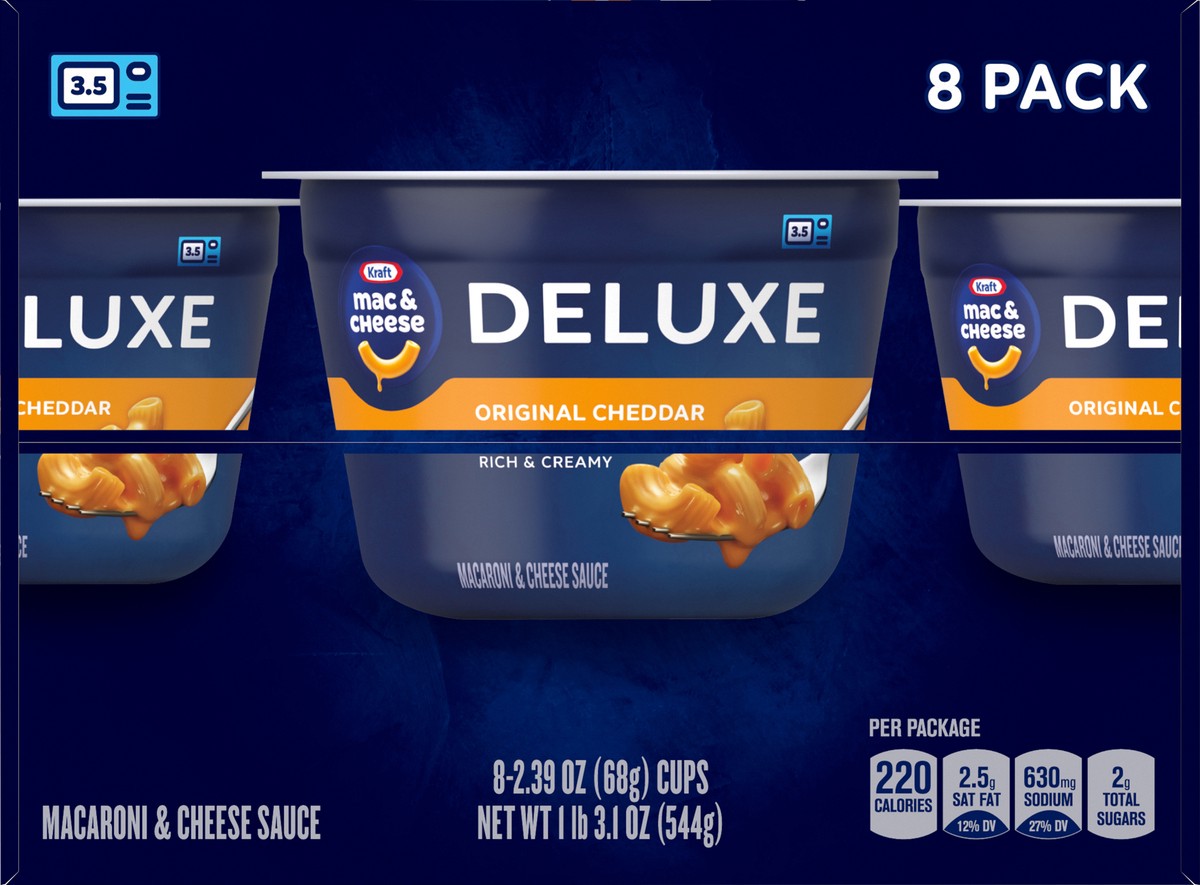 slide 9 of 13, Kraft Deluxe Original Mac & Cheese Macaroni and Cheese Dinner Microwavable Dinner, 8 ct Box, 2.39 oz Cups, 8 ct