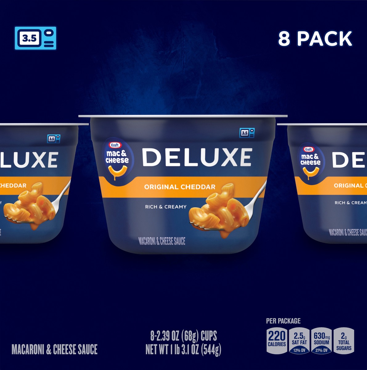 slide 6 of 13, Kraft Deluxe Original Mac & Cheese Macaroni and Cheese Dinner Microwavable Dinner, 8 ct Box, 2.39 oz Cups, 8 ct