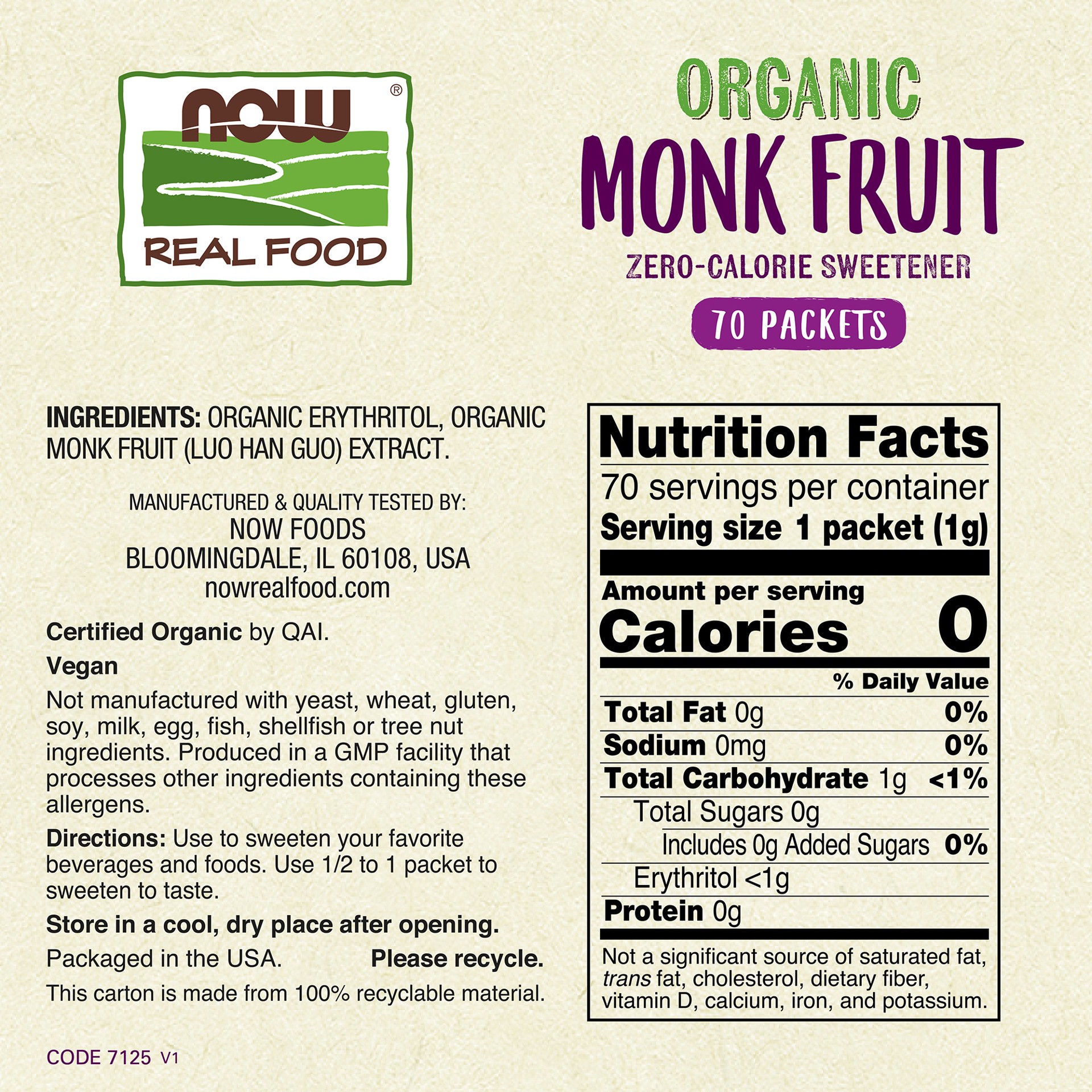 slide 3 of 4, NOW Real Food Monk Fruit with Erythritol, Organic - 70 Packets, 70 ct